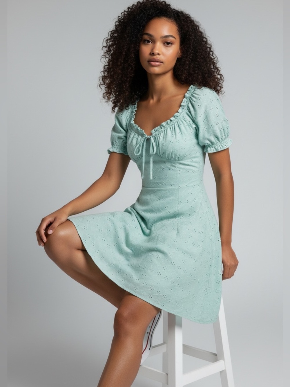 Y2K Heart & Heels Women’s Sage Green Eyelet Milkmaid Mini Dress Coquette Size XL